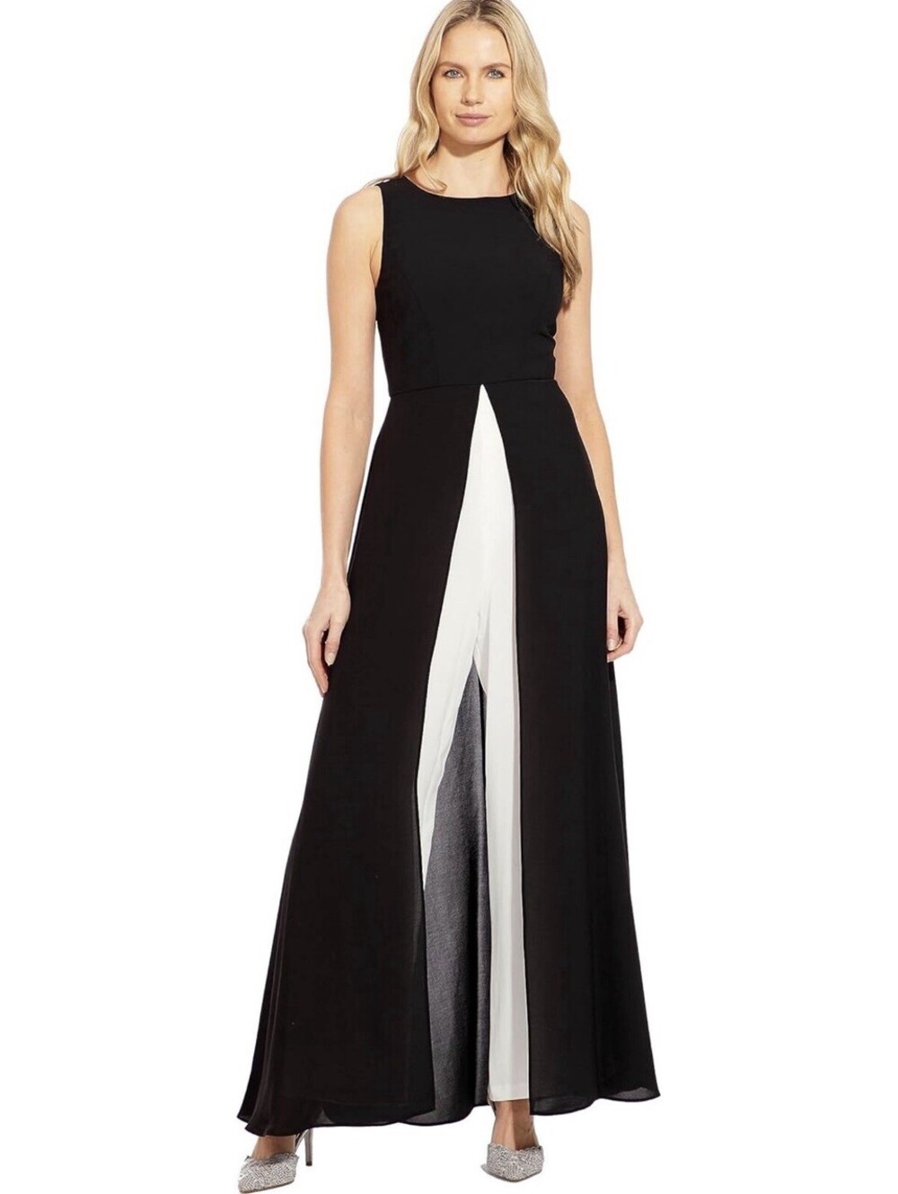 ADRIANNA PAPELL Crepe Overlay Formal One Piece Jumpsuit Size 6 Black/Ivory $179 - Picture 3 of 10